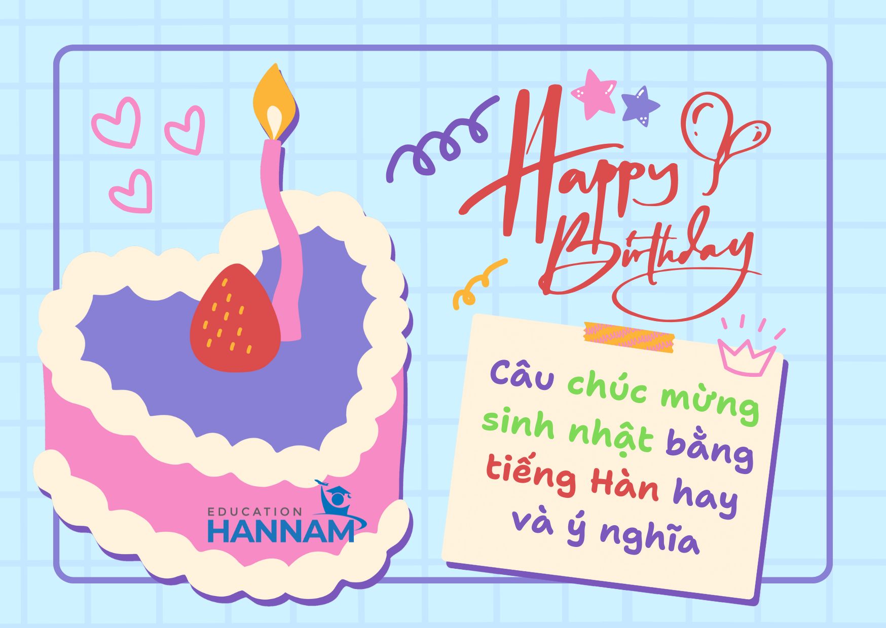 Tím Xanh Rực Rỡ Dễ Thương Minh Họa Lời Chúc Mừng Sinh Nhật Thẻ (1)